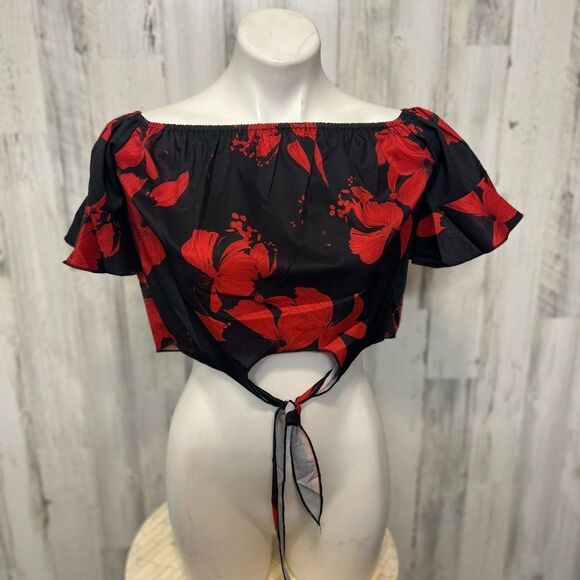 No Brand Tops - Black Red Floral Off Shoulder Tie Front Crop Top – Size XS